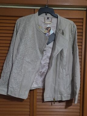 Light Beige Women's Perforated  Leather Bomber Style Jacket